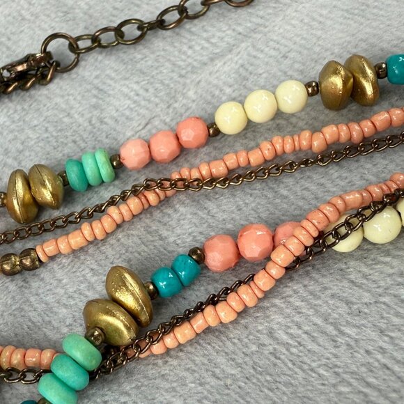 Beaded Multicolor Pendant Necklace Coral Turquoise Gold Colors Shell Accents - Picture 12 of 16